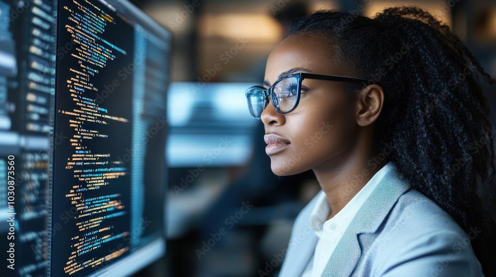 Poster Focused Programmer Examining Code on a Computer Screen