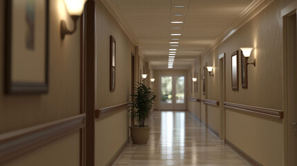 Modern Hotel Corridor Interior Design with Plant and Recessed Lighting