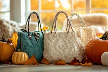 Three stylish handmade knit bags with bead handles, surrounded by autumn leaves and pumpkins, set against a warm indoor backdrop with natural light filtering through a window