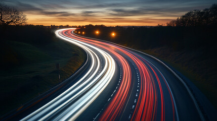 Night Highway with Light Trails and Sunset Sky