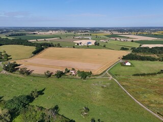 Fototapeta premium Aerial view of fields and meadows seen from the sky with hedges and trees