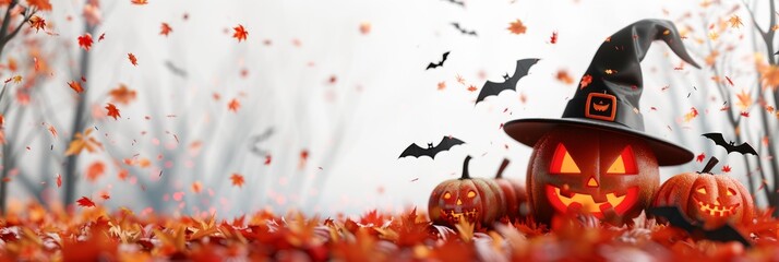 Halloween pumpkins with carved faces, autumn leaves, and flying bats in a twilight setting
