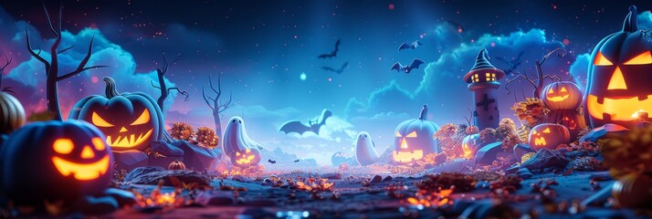 A mystical Halloween landscape featuring glowing pumpkins and a haunted tower under a starry night sky