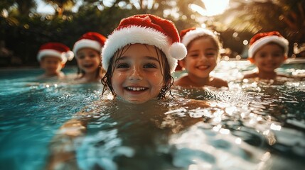 Children enjoying a festive swim in a pool wearing Santa hats during a sunny holiday afternoon