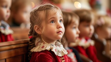 Fototapeta premium Blonde little girl gazes upward with anticipation in church during Christmas service surrounded by other children