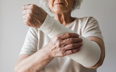 Elderly woman with bandaged arm. Medical recovery and care