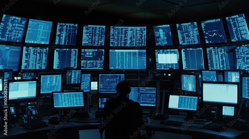 Aufkleber A lone figure sits in front of numerous computer screens displaying data.