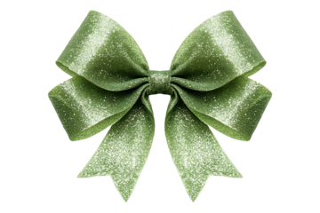 A beautifully crafted green satin bow with tails, isolated on transparent white background, perfect for gift wrapping.