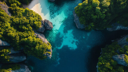 Obraz premium Aerial top-down view of the tropical island Phi Phi Leh, showcasing Maya Bay and Pileh Lagoon in Krabi province, Thailand.