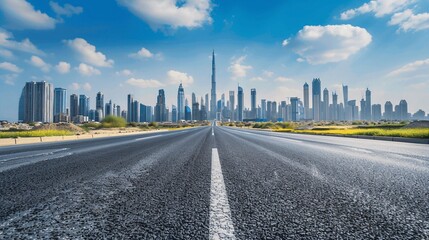 Obraz premium Urban Skyline with Open Road Under Bright Blue Sky