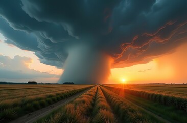 Tornado struck on agricultural fields at sunset