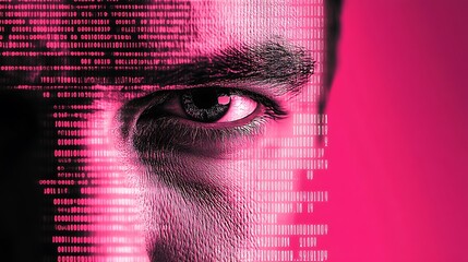 Close-up of a man's eye with binary code overlay.