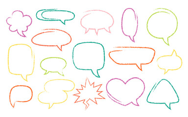 Crayon Speech Bubbles Vector Set. Chalk Scribble Talking Clouds Shapes Collection. Colorful Hand Drawn Brush Texture Dialogue Frames. Pencil Emphasis Elements Charcoal Doodle Talk Balloons Bundle