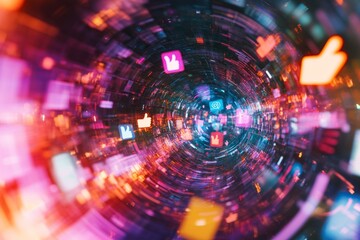 Fototapeta premium A vibrant swirl of social media icons and likes creates a captivating visual. This digital artwork embodies connection and engagement in a colorful, dynamic style. Generative AI