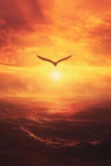 Naklejka premium Bird flying over ocean at sunset
