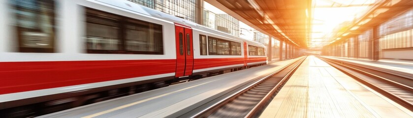 Train arriving at platform during sunset, conveying motion and energy.
