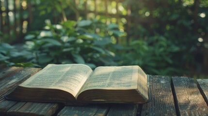 Open Bible on Wooden Table in a Garden Setting