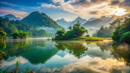 Fototapeta premium Serene Lake Landscape in Bao Loc City, Vietnam – Nature's Tranquility and Beauty