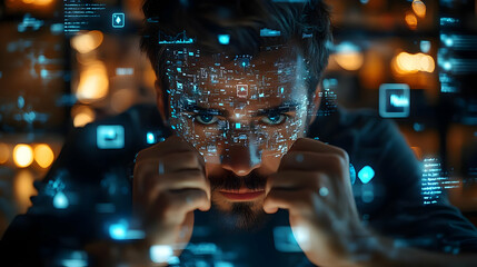 A focused individual surrounded by digital data and technology.