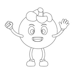 Cheerful cartoon mangosteen fruit character. Mascot is in outline format, ideal for childrens coloring books, and is perfect for a tropical fruit theme. eps10
