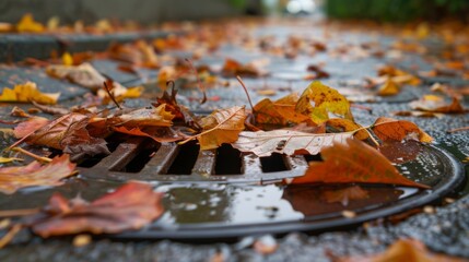 Autumn Leaves Gather Around a Street Drain