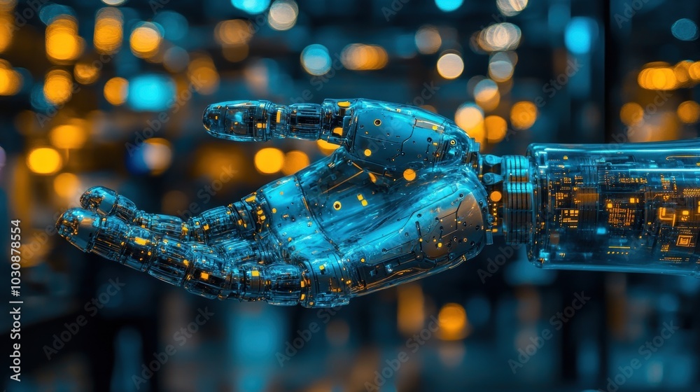 Poster a transparent robotic hand with exposed circuitry