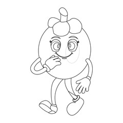 Cheerful cartoon mangosteen fruit character. Mascot is in outline format, ideal for childrens coloring books, and is perfect for a tropical fruit theme. eps10