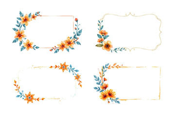 empty label with orange and blue, refined flowers and redwood leaves, paint style, brush stroke, white background