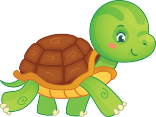 Cartoon illustration of a happy green turtle walking and winking, perfect for children books, educational materials, and any project that needs a touch of cuteness