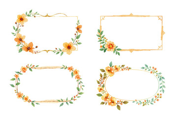 watercolor invitation frames with orange and jade, refined flowers and hemlock leaves, stylish brush strokes, isolated, ink style card