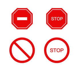 Stop sign set. Traffic stop icons. Prohibition sign collection. Do not enter. Warning and attention signs. Dangerous signs. Vector illustration.