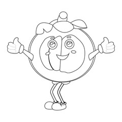 Cheerful cartoon mangosteen fruit character. Mascot is in outline format, ideal for childrens coloring books, and is perfect for a tropical fruit theme. eps10