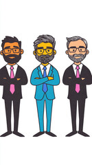 Three cartoon businessmen stand with their arms crossed and wearing suits and ties.