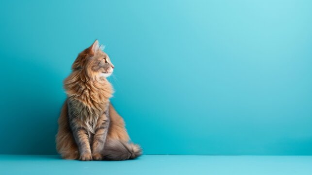 Cute Fluffy Cat Sitting on Blue Background