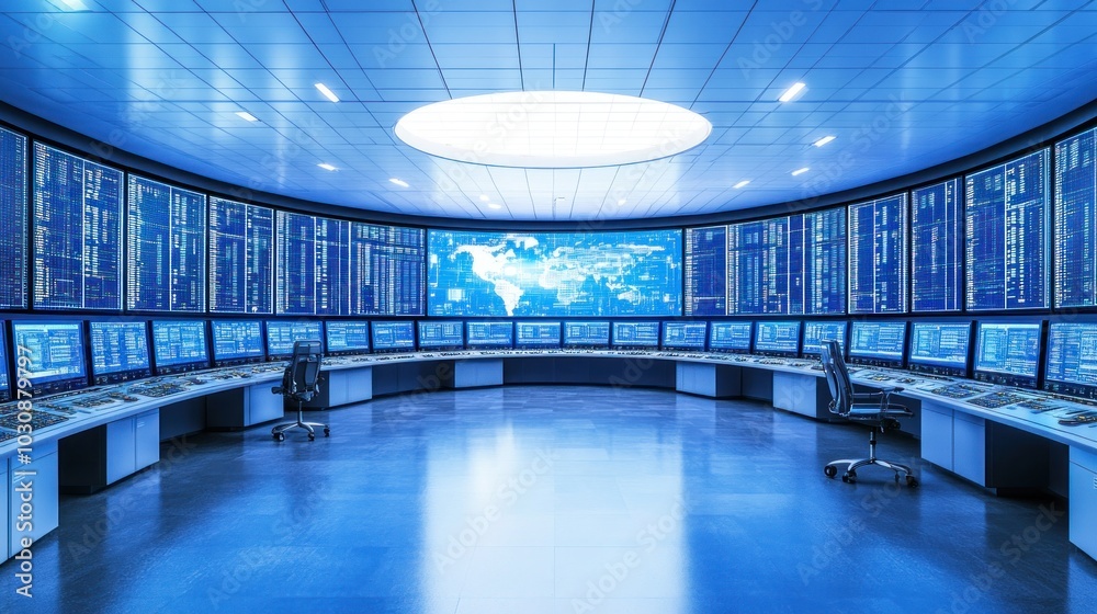 Aufkleber Modern Control Room with World Map and Monitors Displaying Data
