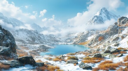 Obraz premium mountain range with snow-white peaks in far away in low clouds