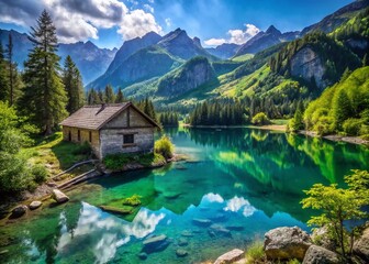 Fototapeta premium Serene Mountain Lake: A Hidden Gem in Urban Exploration Photography