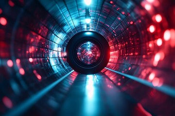 Red and Blue Neon Light Tunnel with Camera Lens