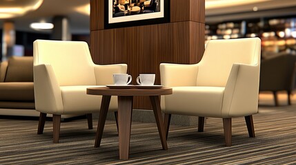 Fototapeta premium Cozy modern living space featuring elegant cream armchairs and a warm coffee table with cups in a minimalist design setting