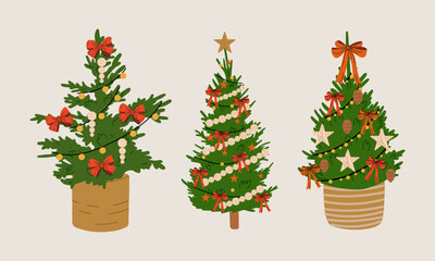 Set of Christmas tree decorated. Template for greeting card, banner, invitation.	