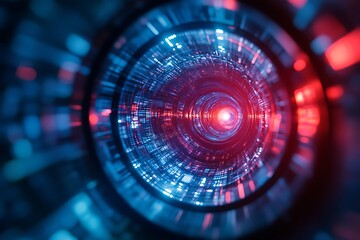 Red and Blue Sci-Fi Tunnel with Geometric Bokeh Lights