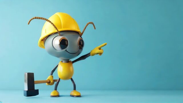 3D animated ant character wearing a construction helmet and holding a hammer while pointing. Concept of construction work and teamwork in a playful style.
