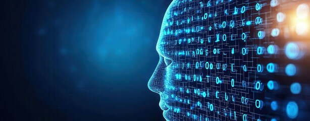 Digital face silhouette with binary code elements on a blue background.