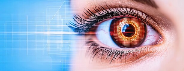 Close-up of an eye with digital overlays, futuristic and high-tech aesthetics.