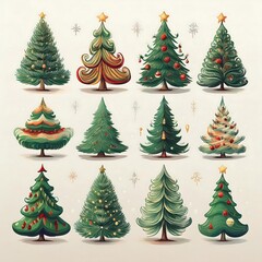 Fototapeta premium A hand-drawn Christmas tree collection featuring various decorative styles and shapes for festive celebrations. Generative AI