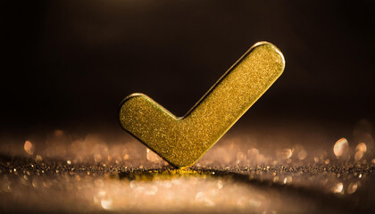 Shiny gold tick mark on dark backdrop with glittering bokeh. Confirmation or correct choice concept