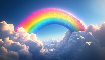 A stunning rainbow arches over fluffy clouds, creating a vibrant and colorful sky, perfect for uplifting visuals and design projects.