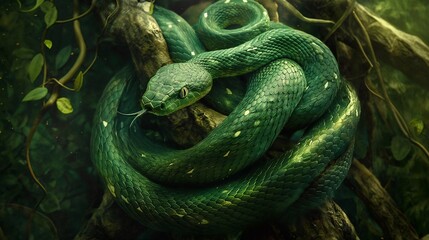 Fototapeta premium Green snake with intricate scales rests on a branch in a lush jungle, creating a mesmerizing scene with captivating textures