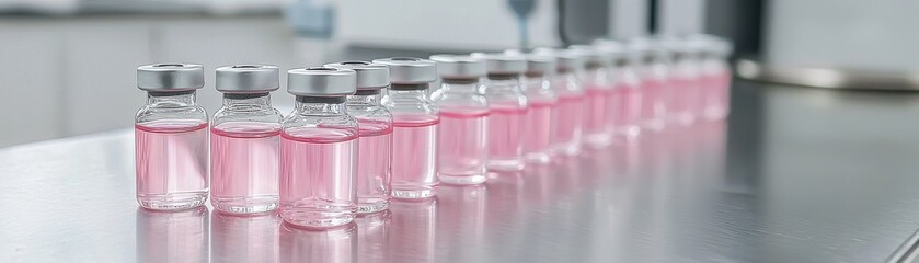 Vials with pink liquid in a laboratory setting, well-organized on a stainless surface