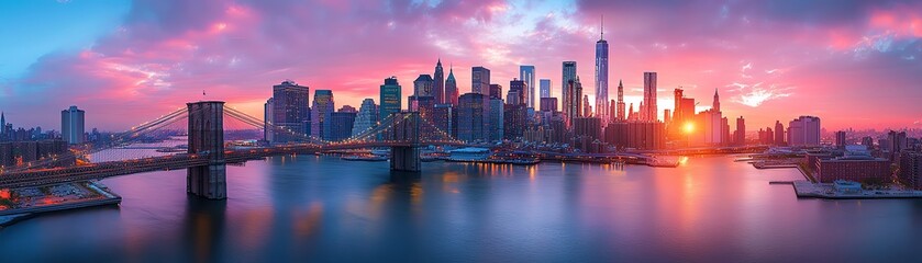Fototapeta premium Stunning panorama of a vibrant skyline at sunset, showcasing beautiful architecture and a tranquil river.